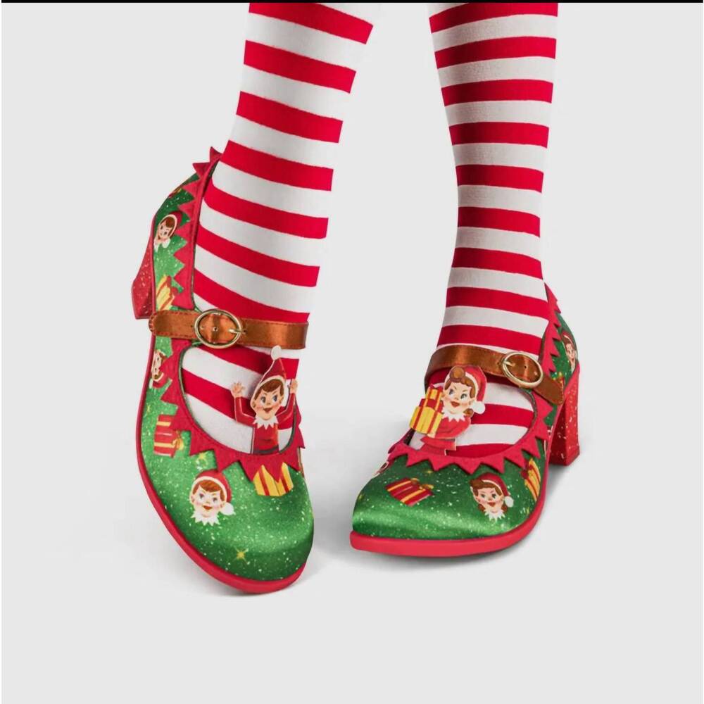 NEW HOT CHOCOLATE DESIGN women's mid heels elf mary jane pump in multi xmas - Picture 4 of 4